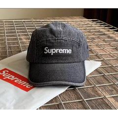 Supreme Dark Grey Wash Denim 5-Panel Box Logo Camp Cap