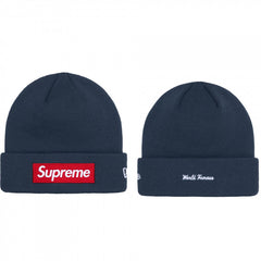 Supreme / New Era Navy Box Logo Beanie with World Famous Embroidery