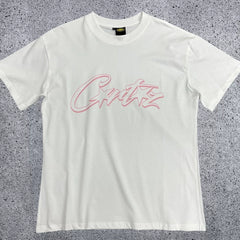 Pink Accent Star-Logo Graphic Tee - White & Pink Streetwear T-Shirt