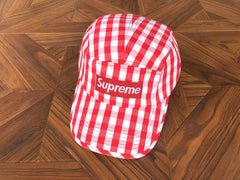 Supreme Red and White Gingham 5-Panel Box Logo Camp Cap