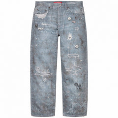 Supreme Distressed Graphic Denim Jeans - Light Blue Wash