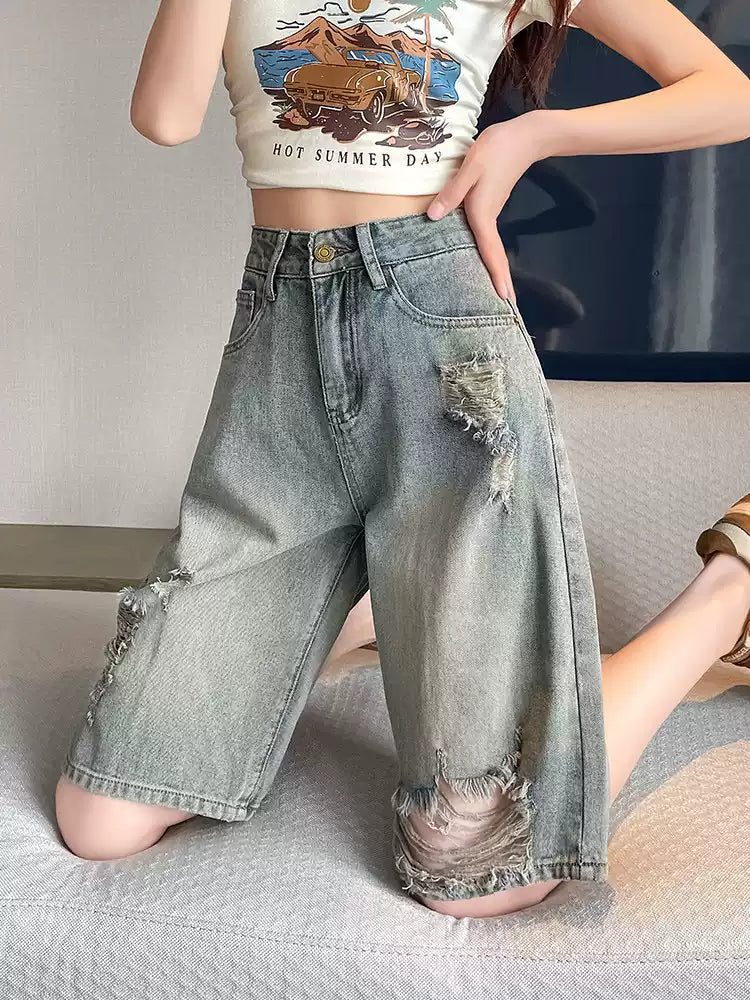 Sisjuly Concrete Gray Distressed Bermudas
