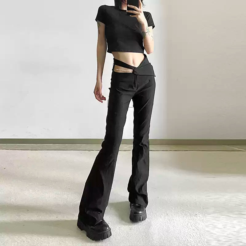 Sisjuly Cutout Pearl-Chain High-Waist Cargo Pants