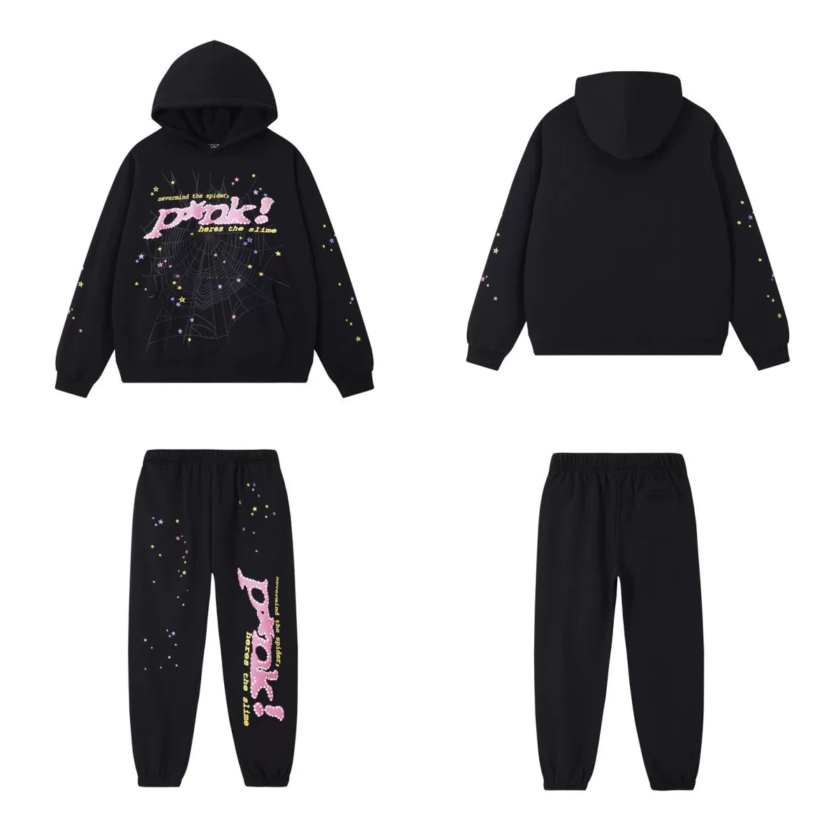 SP5DER Punk Web Graphic Pullover Hoodie and Sweatpants Matching Set - Black / Pink