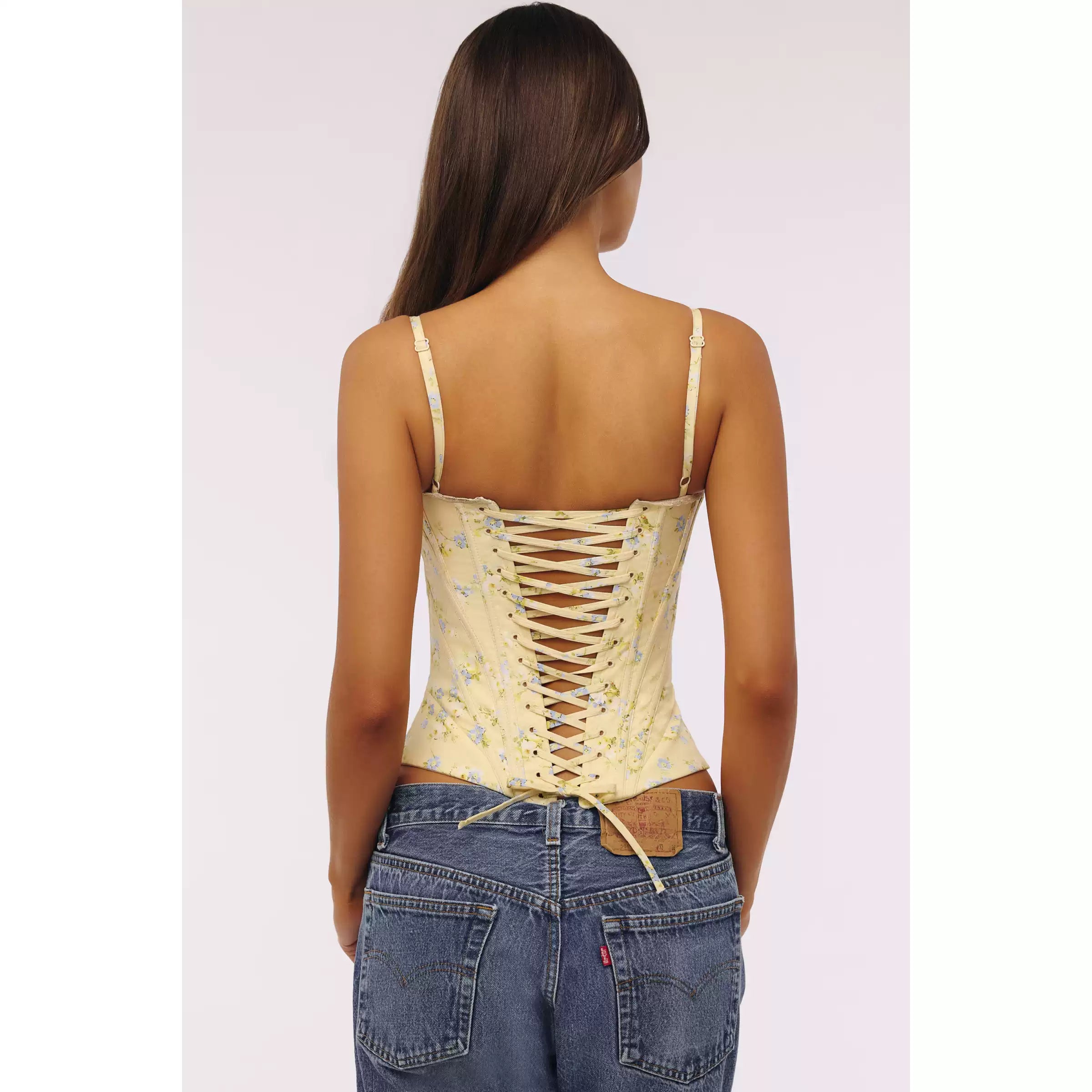 Floral Lace-Trim Lace-Up Cinch-Waist Camisole Top