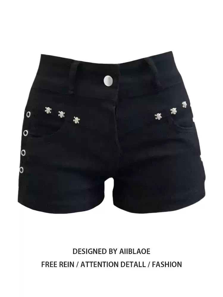 Sisjuly Edge-Cut Denim Mini Shorts in Onyx Black
