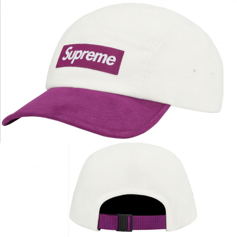 Supreme White and Purple 5-Panel Box Logo Camp Cap