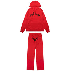 Sp5der Rhinestone Letter Graphic Red Hoodie and Sweatpants Tracksuit Set