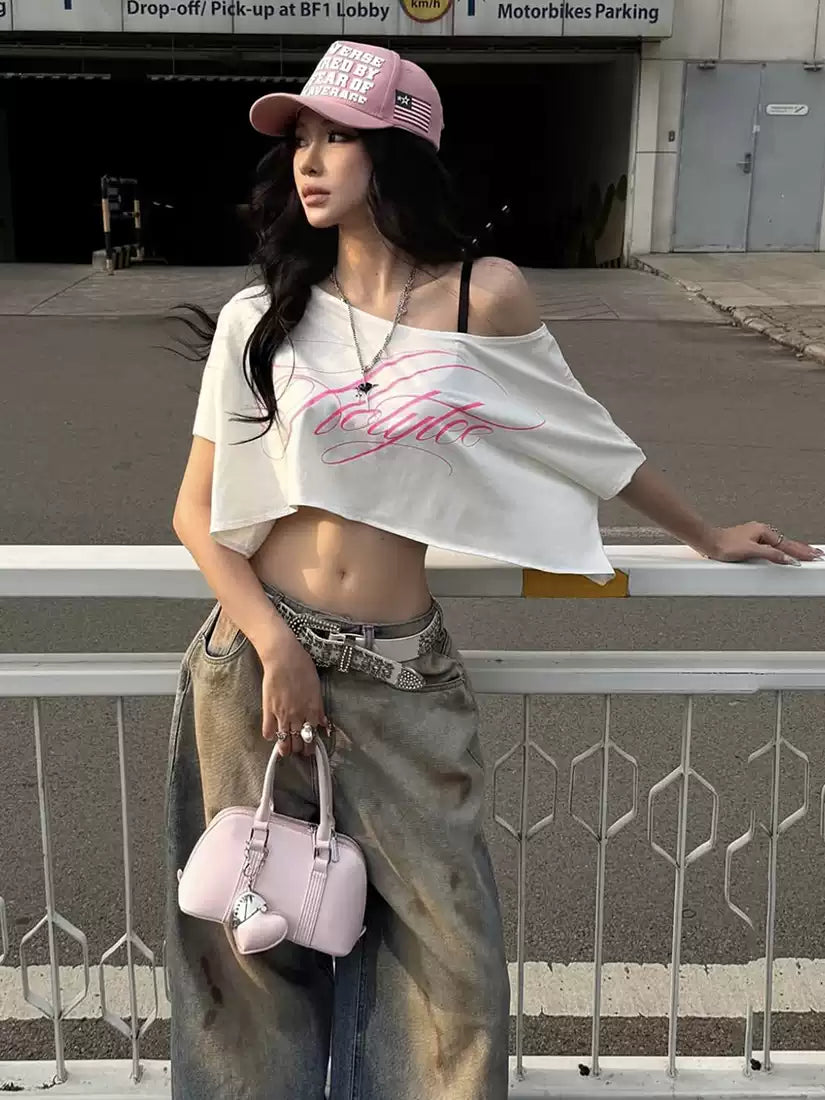 Women's Graphic Crop Tee & Distressed Wide-Leg Jeans