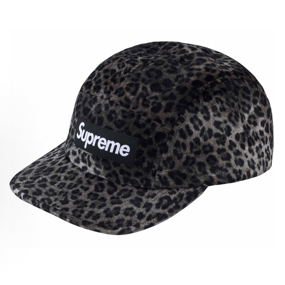 Supreme Grey Leopard Print Velvet Box Logo 5-Panel Camp Cap