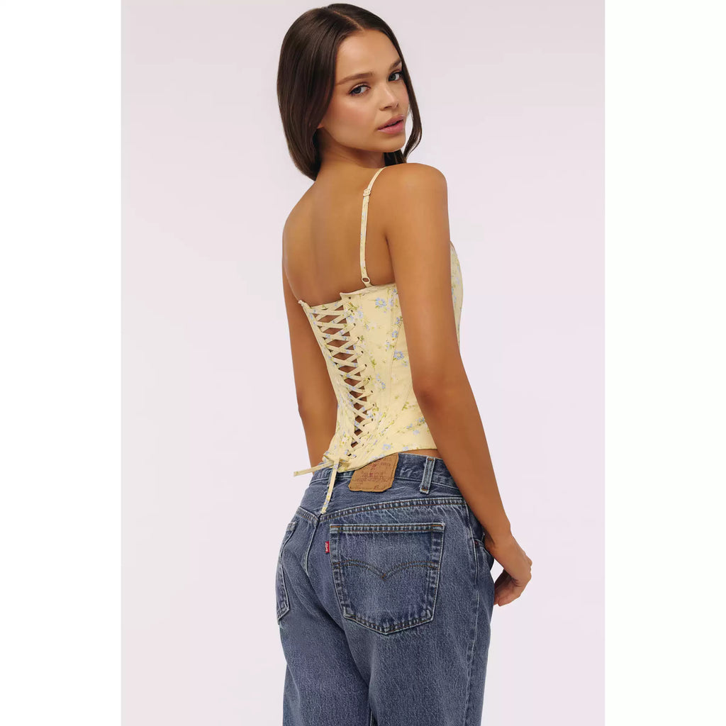 Floral Lace-Trim Lace-Up Cinch-Waist Camisole Top