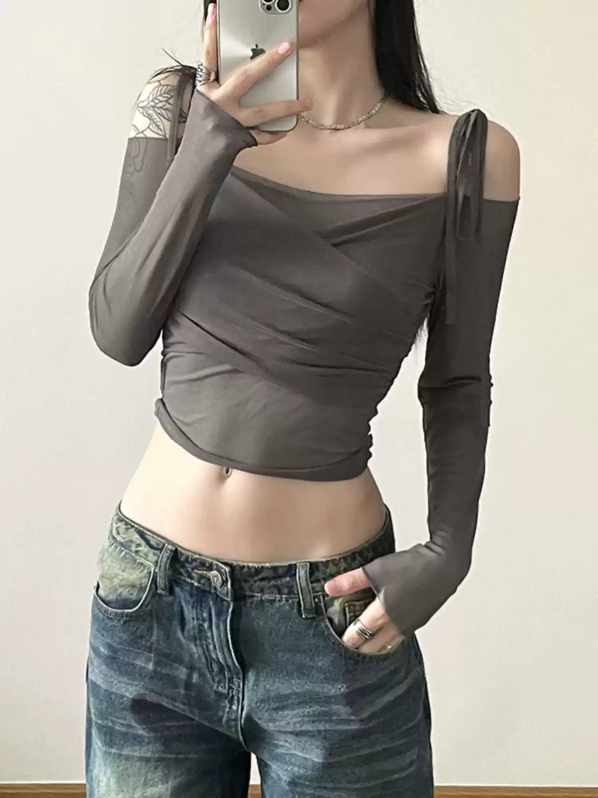 Grunge Off-Shoulder Tied Strap Cropped Long Sleeve Tee