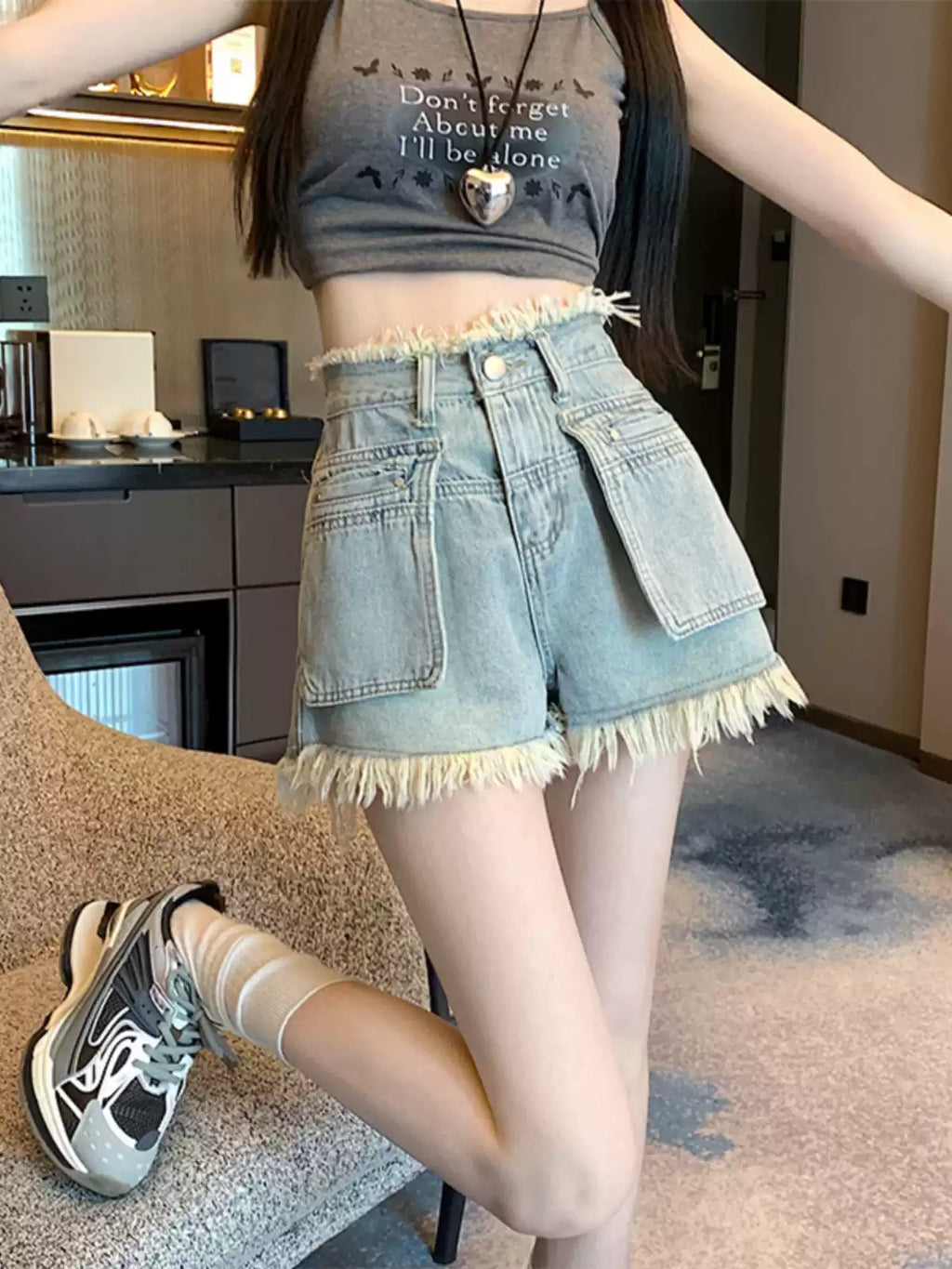 Sisjuly Sun-Bleached Raw Hem Denim Shorts