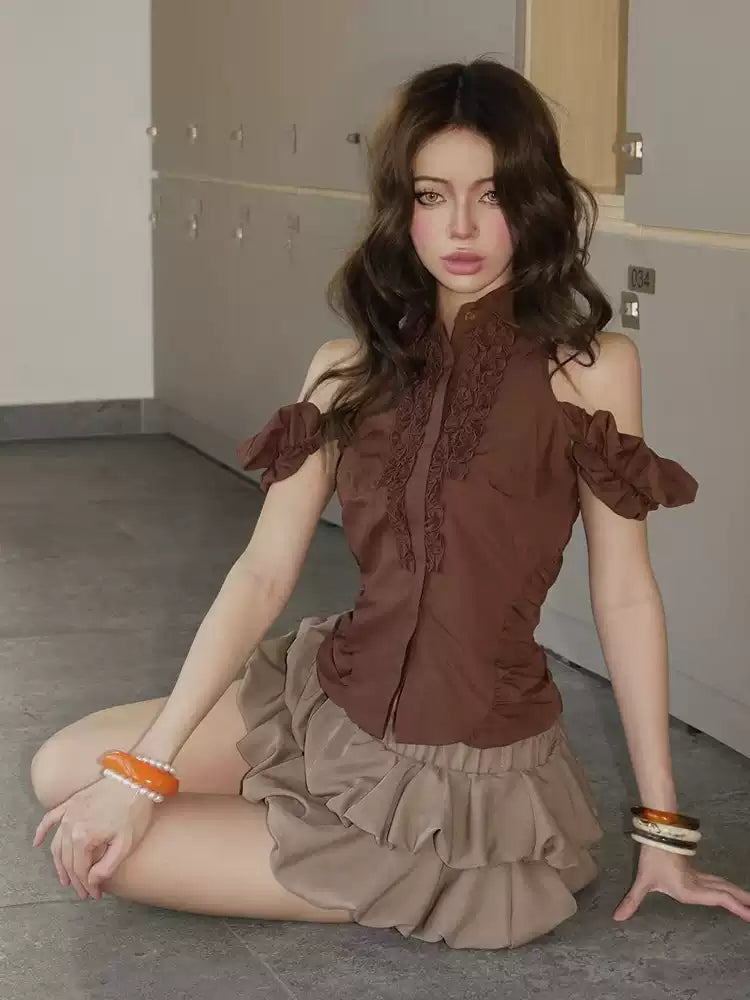 Fairy Grunge Cold Shoulder Ruffle Blouse in Brown