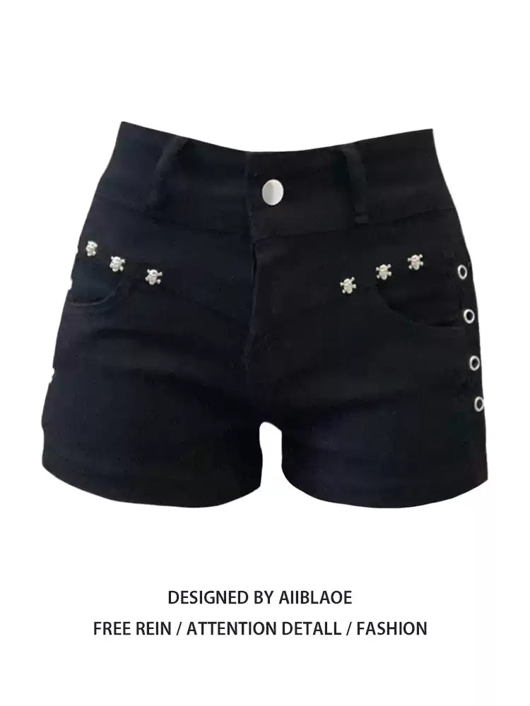 Sisjuly Edge-Cut Denim Mini Shorts in Onyx Black