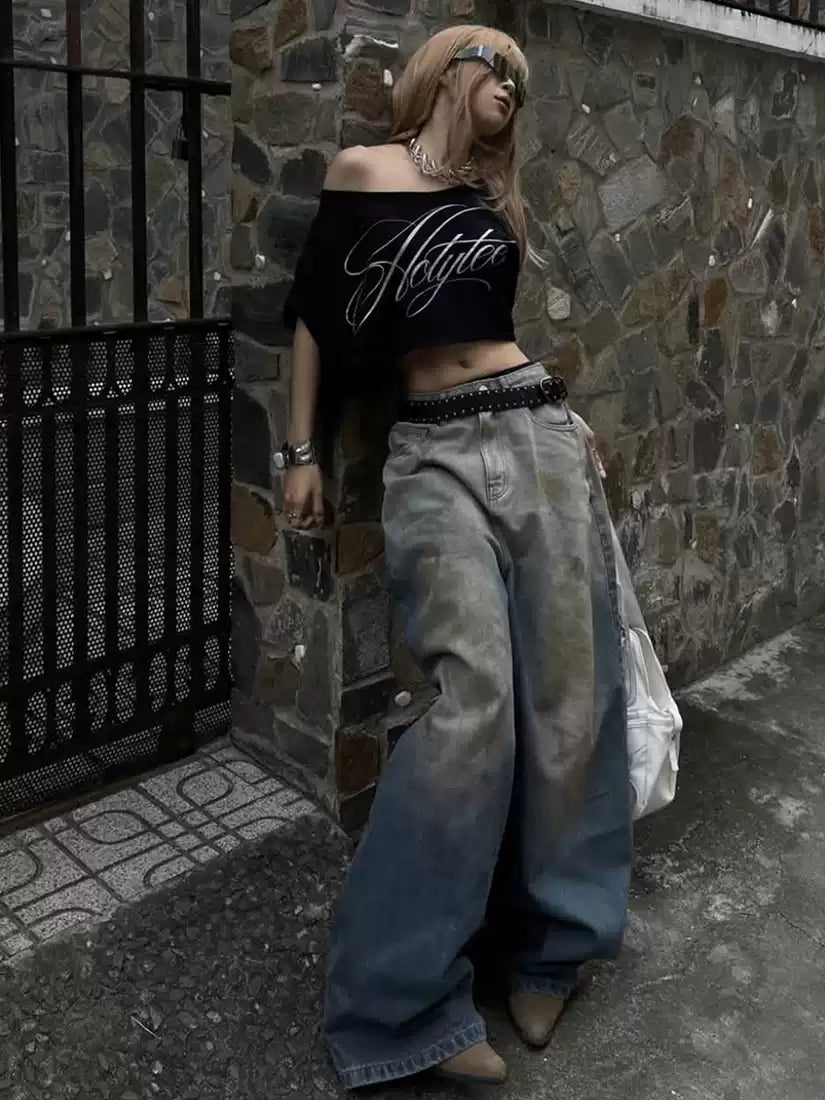 Women's Graphic Crop Tee & Distressed Wide-Leg Jeans