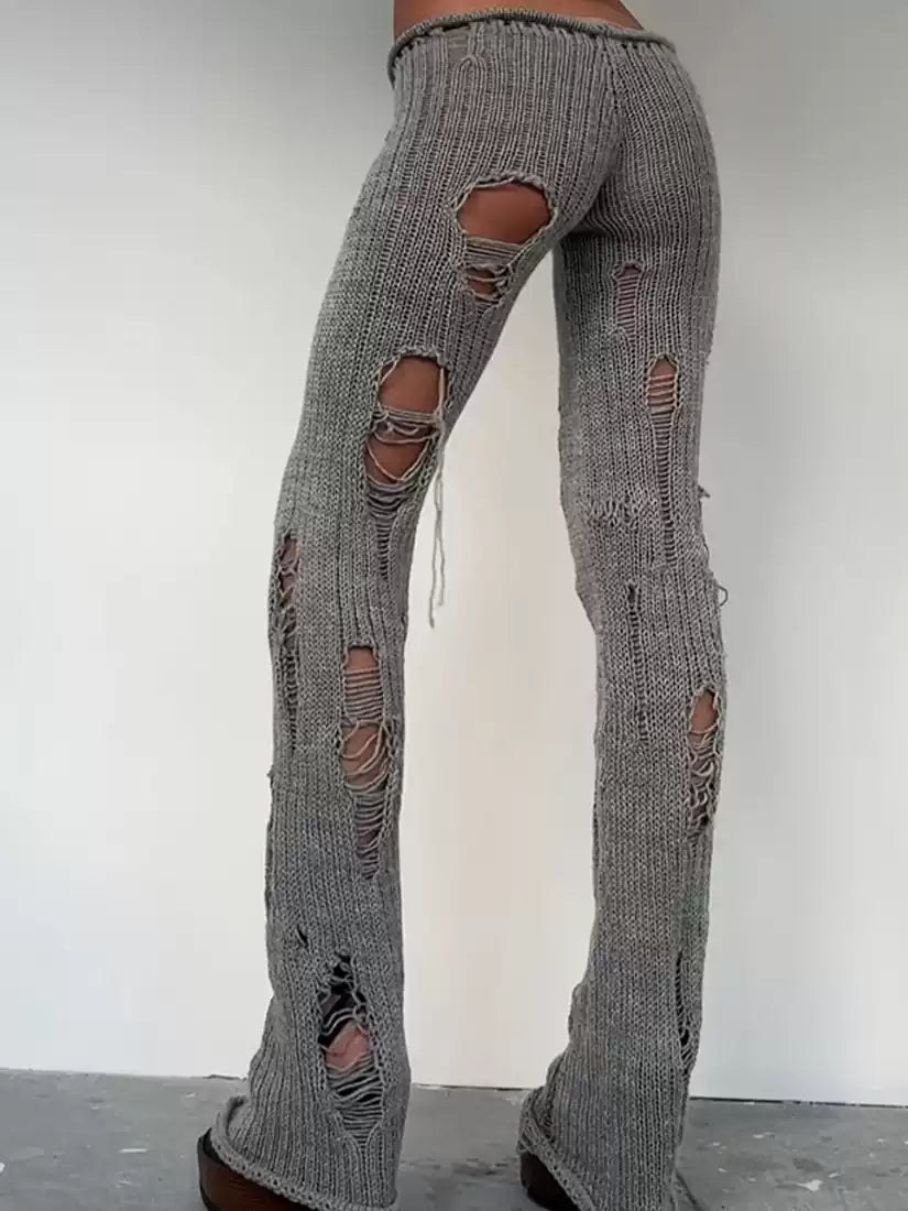 Sisjuly Distressed Knit Micro-Flare Pants