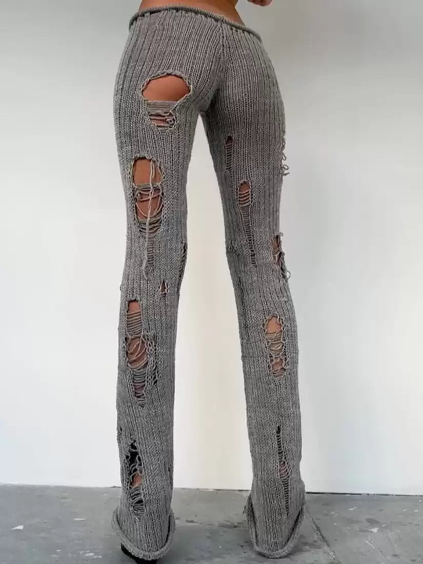 Sisjuly Distressed Knit Micro-Flare Pants
