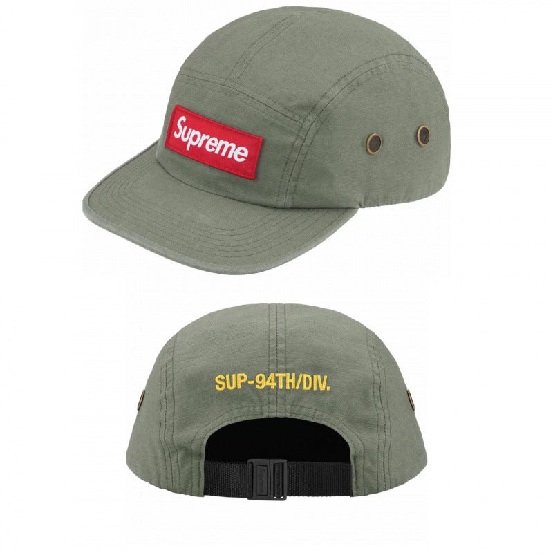 Supreme Olive 5-Panel Red Box Logo Camp Cap with SUP-94TH/DIV. Back Embroidery