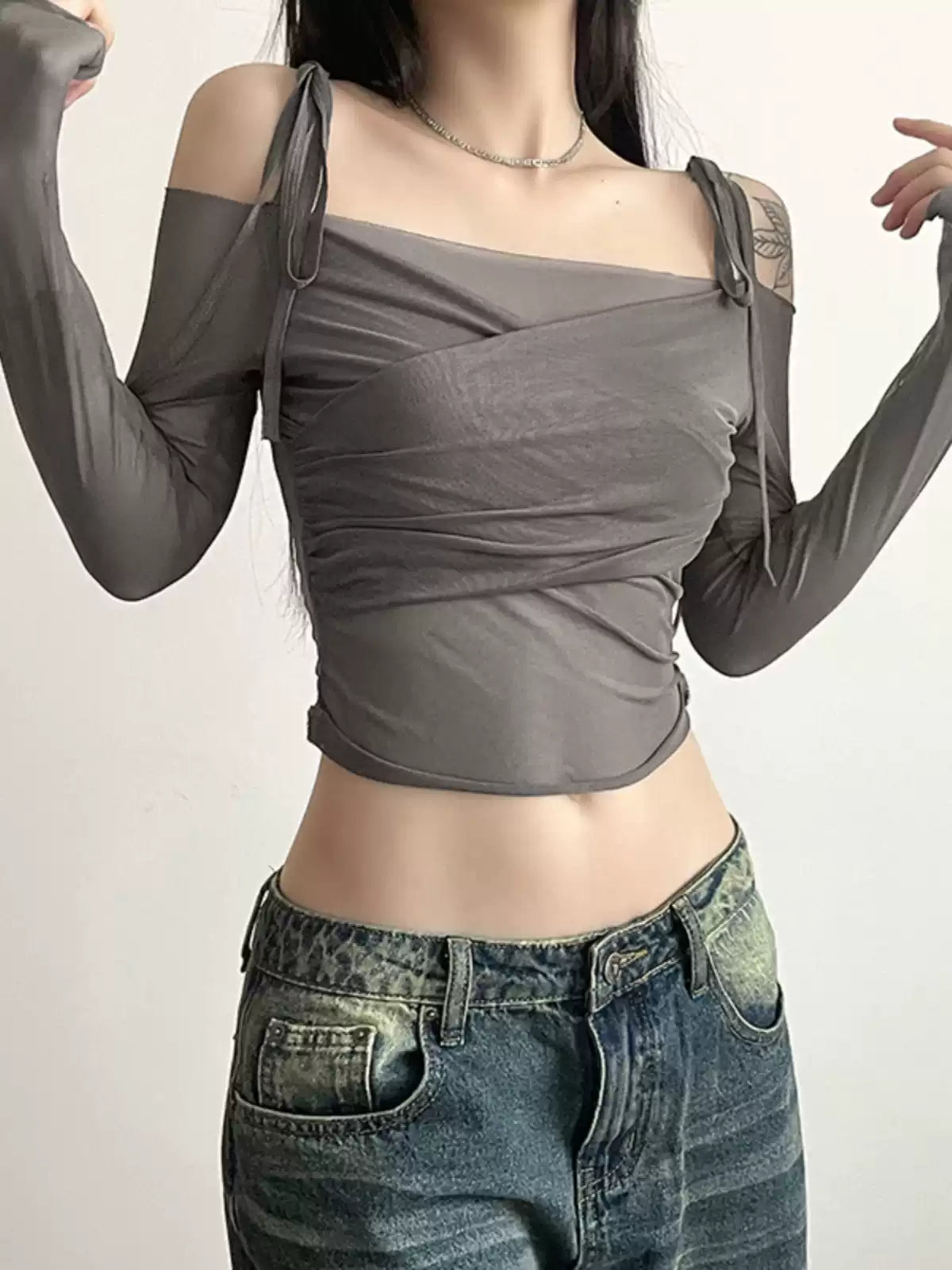 Grunge Off-Shoulder Tied Strap Cropped Long Sleeve Tee