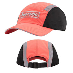Supreme Coral Red and Black Reflective Piping 5-Panel Box Logo Camp Cap
