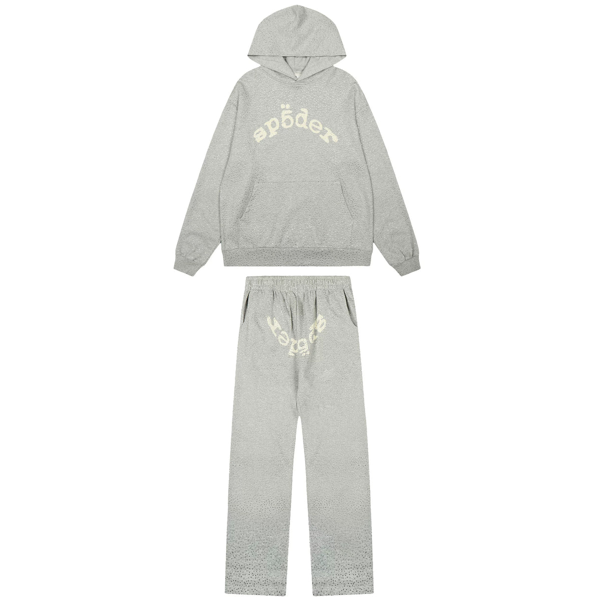 Sp5der Rhinestone Letter Graphic Grey Hoodie and Sweatpants Tracksuit Set