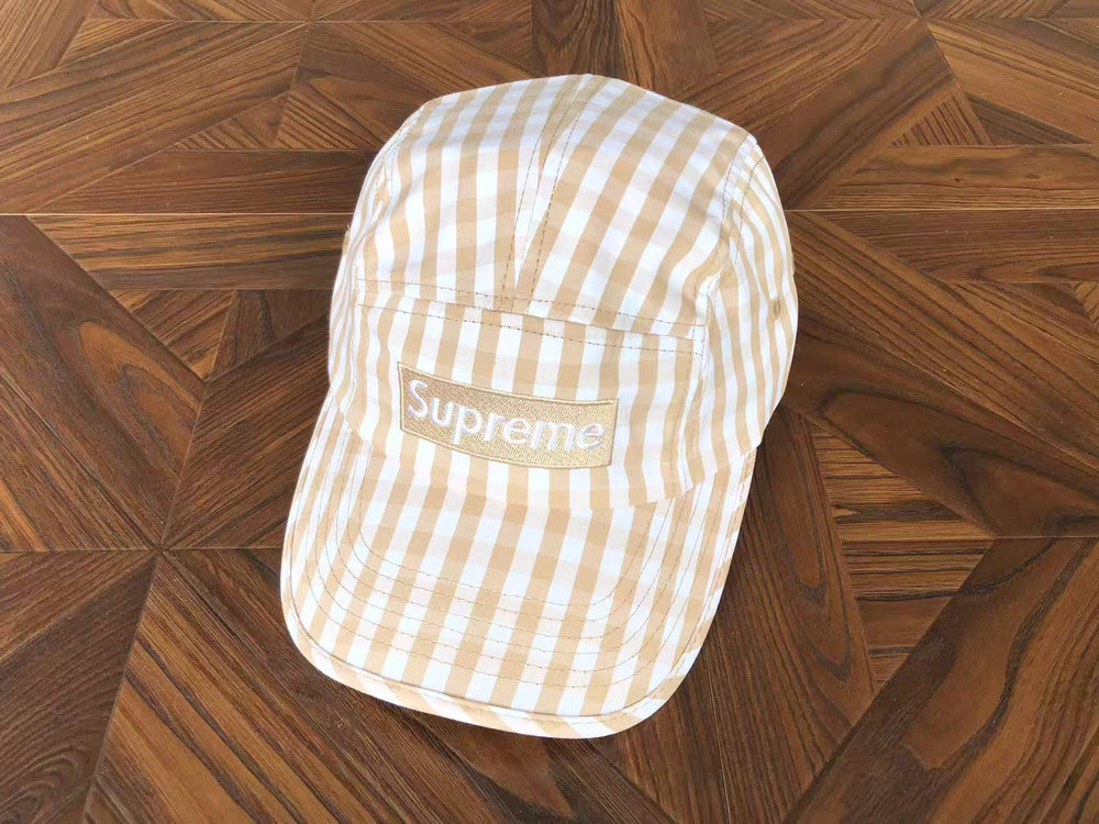 Supreme Tan and White Gingham 5-Panel Box Logo Camp Cap