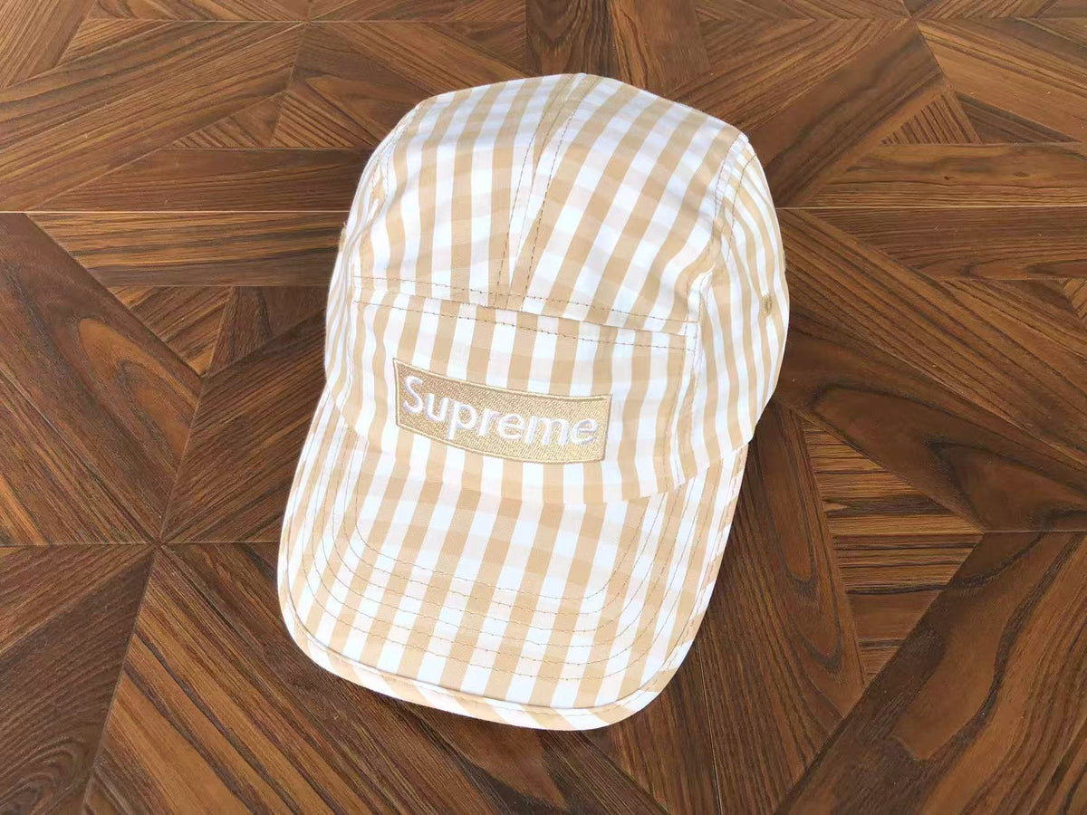 Supreme Tan and White Gingham 5-Panel Box Logo Camp Cap