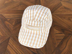 Supreme Tan and White Gingham 5-Panel Box Logo Camp Cap