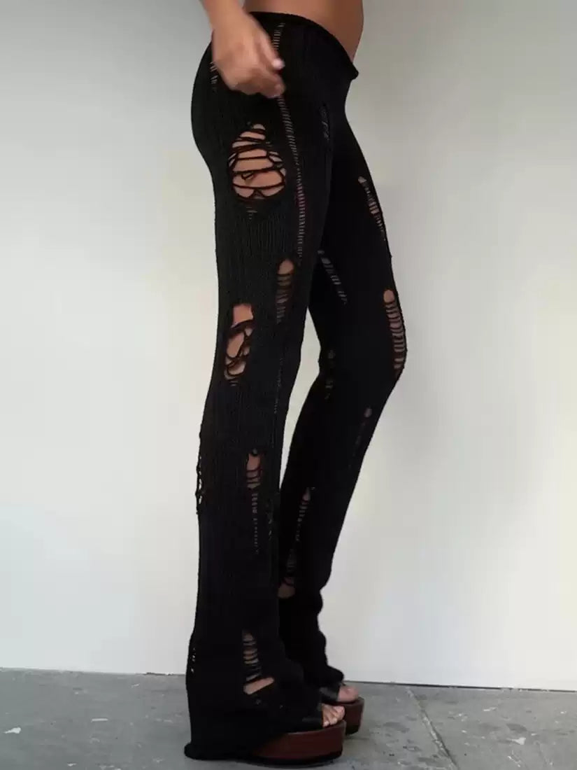 Sisjuly Distressed Knit Micro-Flare Pants