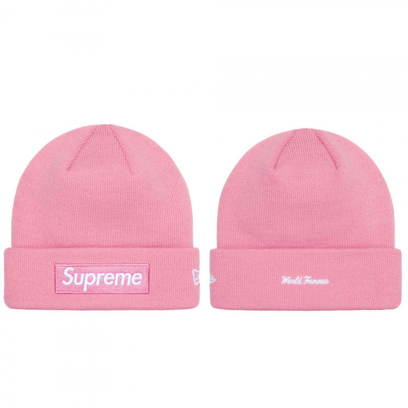 Supreme / New Era Pink Box Logo Beanie with World Famous Embroidery