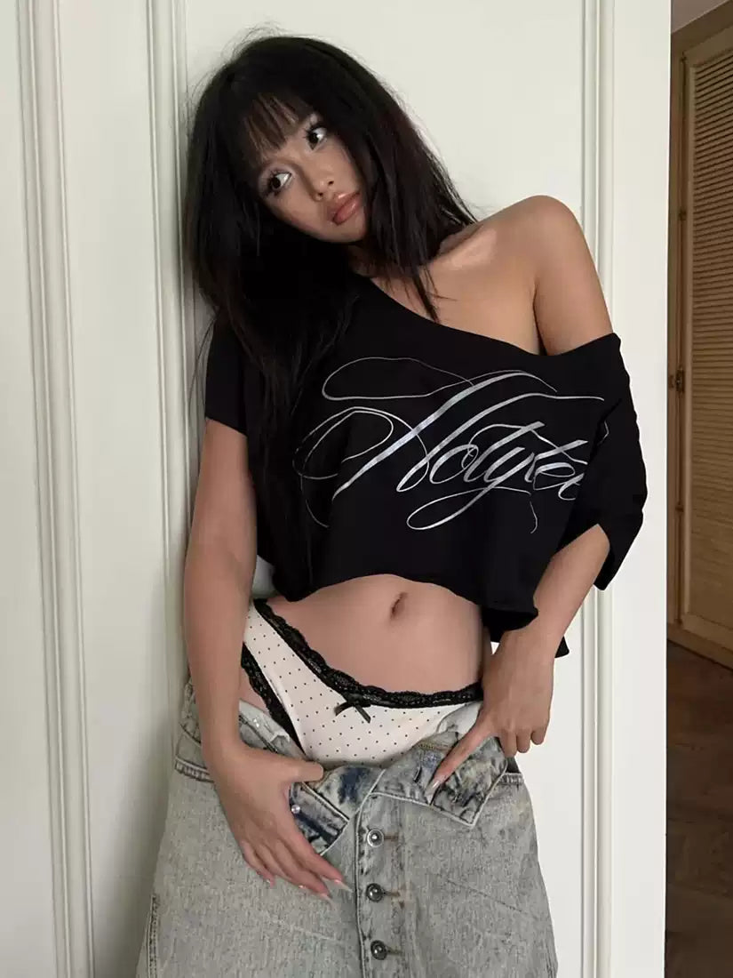Women's Graphic Crop Tee & Distressed Wide-Leg Jeans