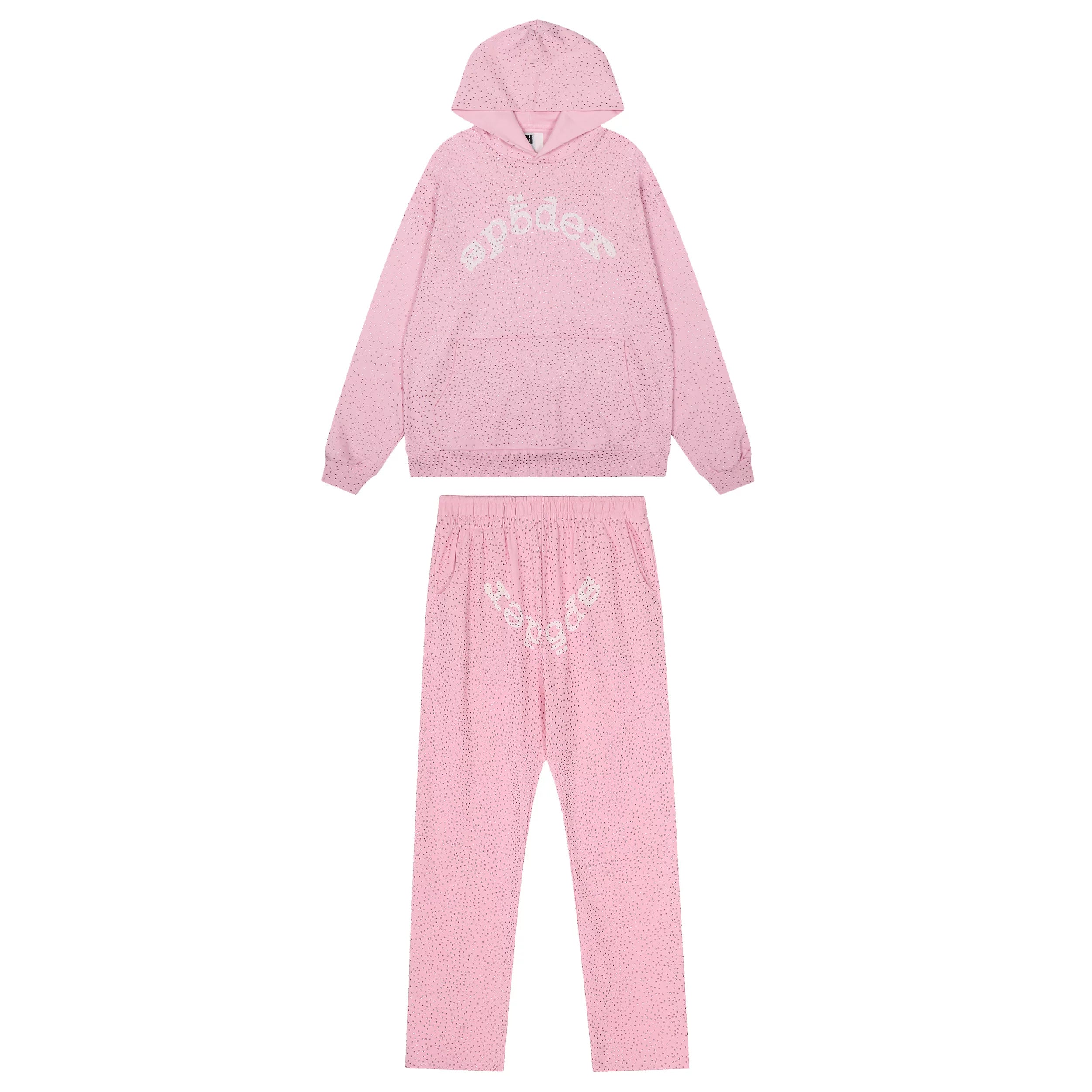Sp5der Rhinestone Letter Graphic Pink Hoodie and Sweatpants Tracksuit Set