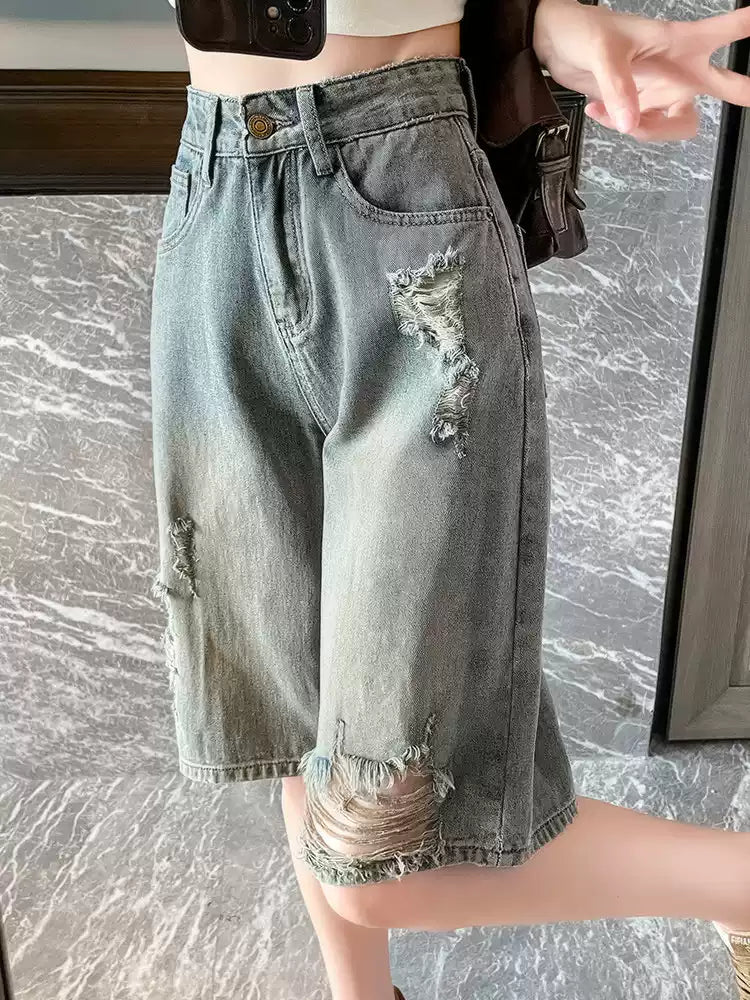 Sisjuly Concrete Gray Distressed Bermudas