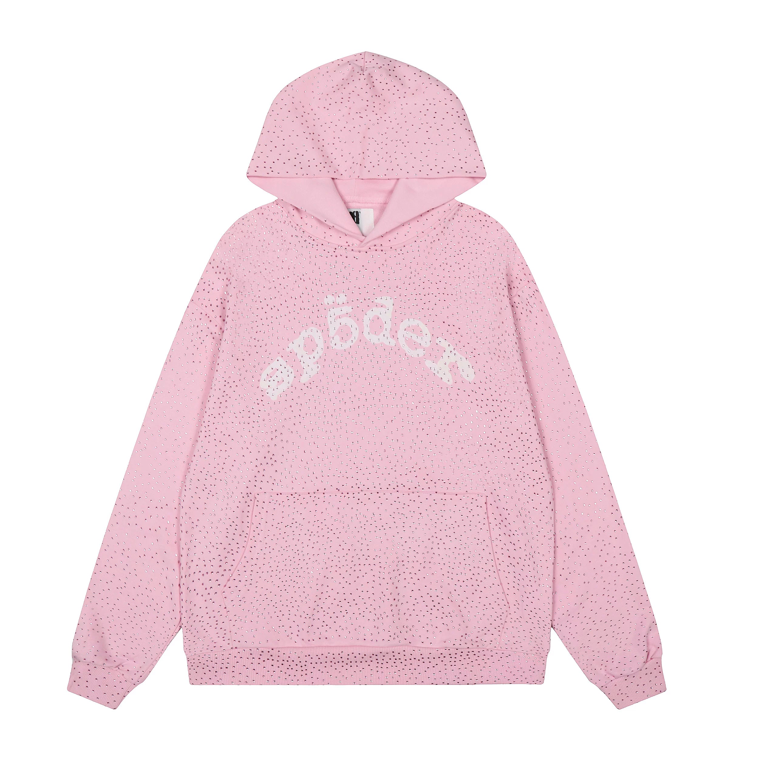 Sp5der Rhinestone Letter Graphic Light Pink Pullover Hoodie