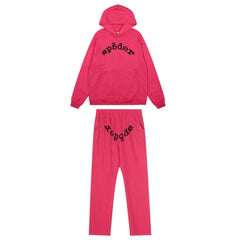 Sp5der Rhinestone Letter Graphic Rose Pink Hoodie and Sweatpants Tracksuit Set