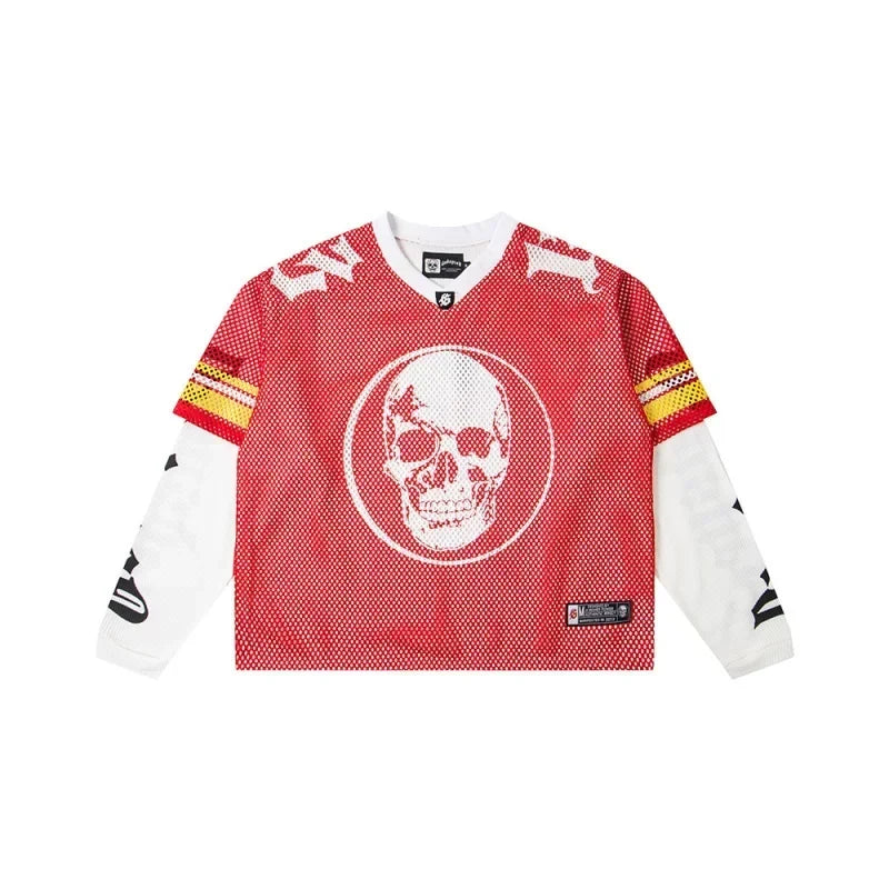 "Godspeed" Layered Mesh Skull Long Sleeve Jersey (Red/White/Yellow)