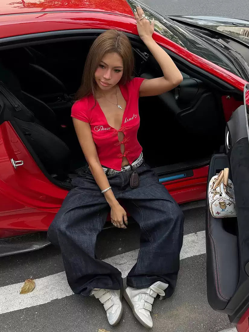 Sexy and stylish senior sister letter-print Chinese qipao-style openwork short-sleeve T-shirt for women