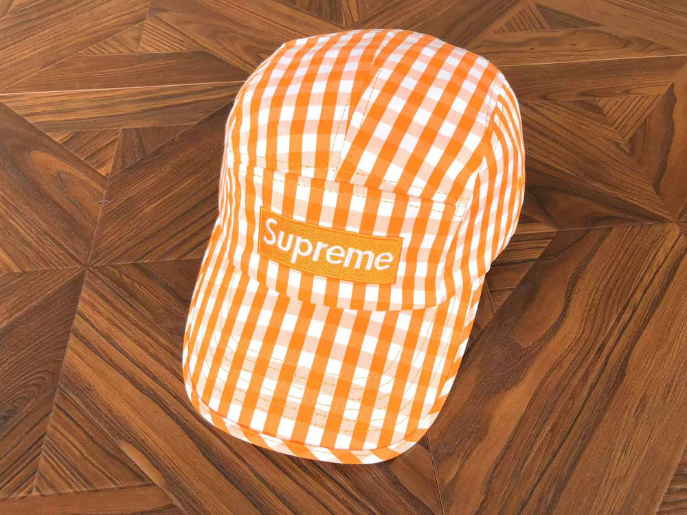 Supreme Orange and White Gingham 5-Panel Box Logo Camp Cap