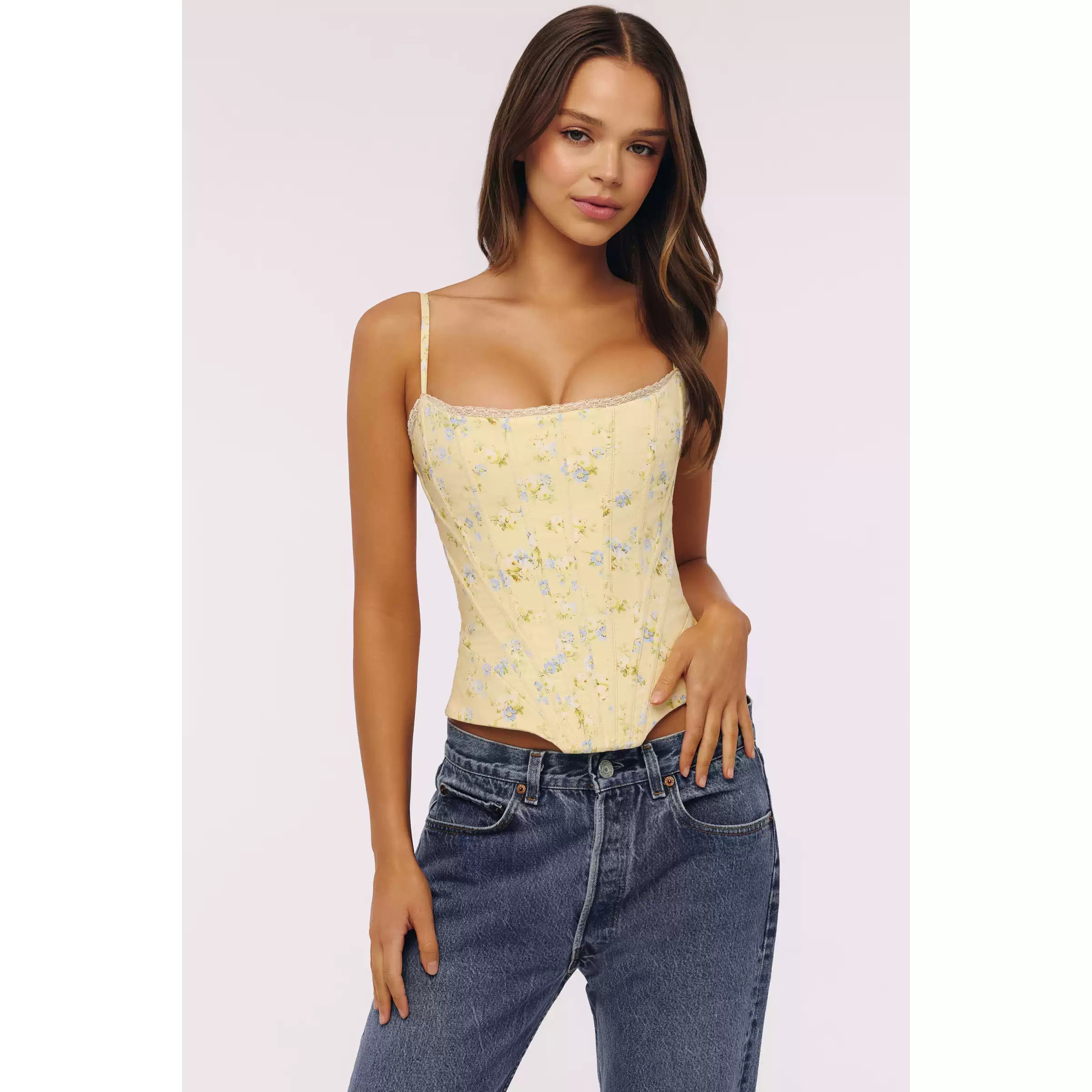 Floral Lace-Trim Lace-Up Cinch-Waist Camisole Top