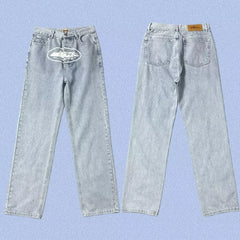 Corteiz Alcatraz Island Front Logo Heavyweight Denim Pants - Light Blue