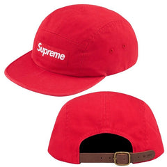 Supreme Red 5-Panel Box Logo Camp Cap with Leather Strap