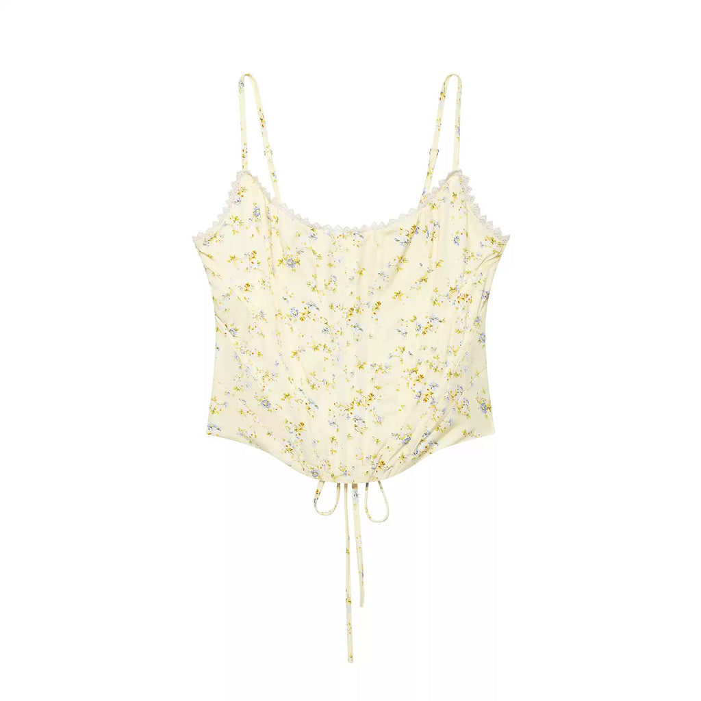 Floral Lace-Trim Lace-Up Cinch-Waist Camisole Top