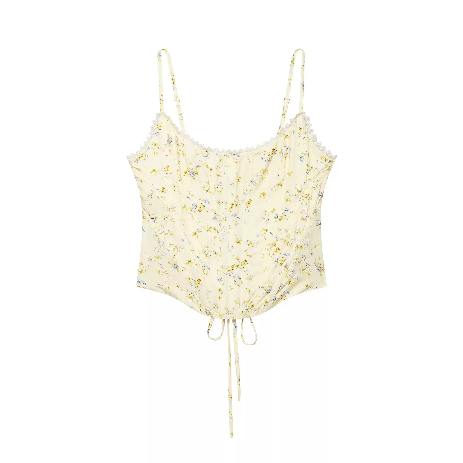 Floral Lace-Trim Lace-Up Cinch-Waist Camisole Top