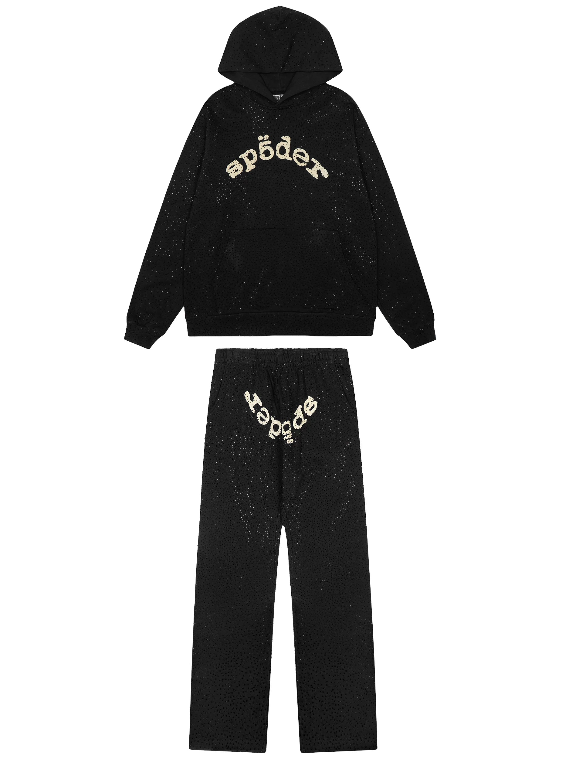 Sp5der Rhinestone Letter Graphic Hoodie and Sweatpants Tracksuit Set