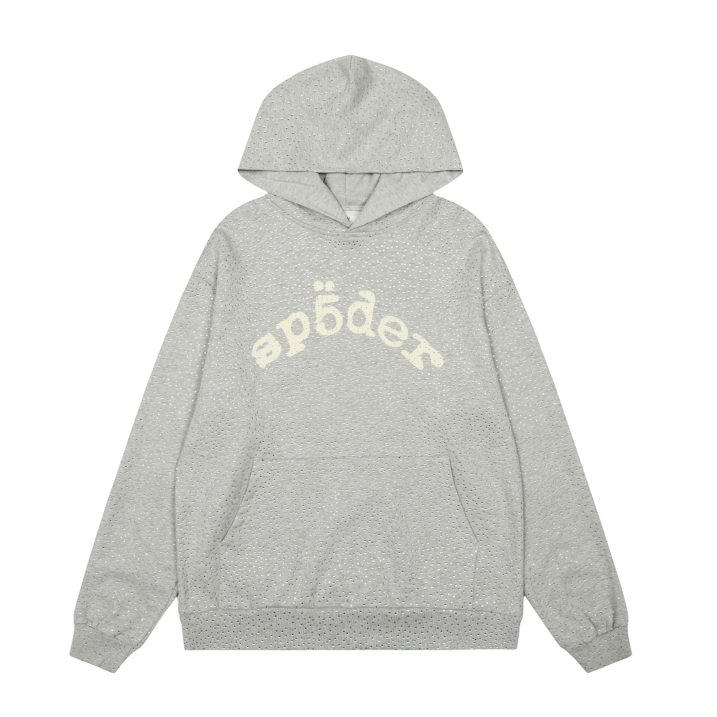Sp5der Rhinestone Letter Graphic Grey Pullover Hoodie