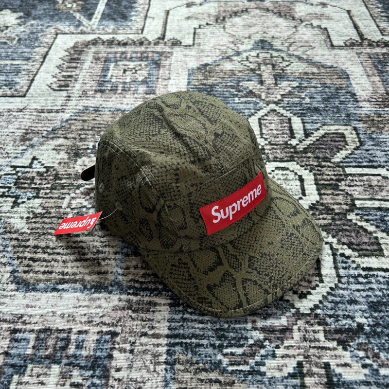 Supreme Olive Snakeskin Print 5-Panel Red Box Logo Camp Cap