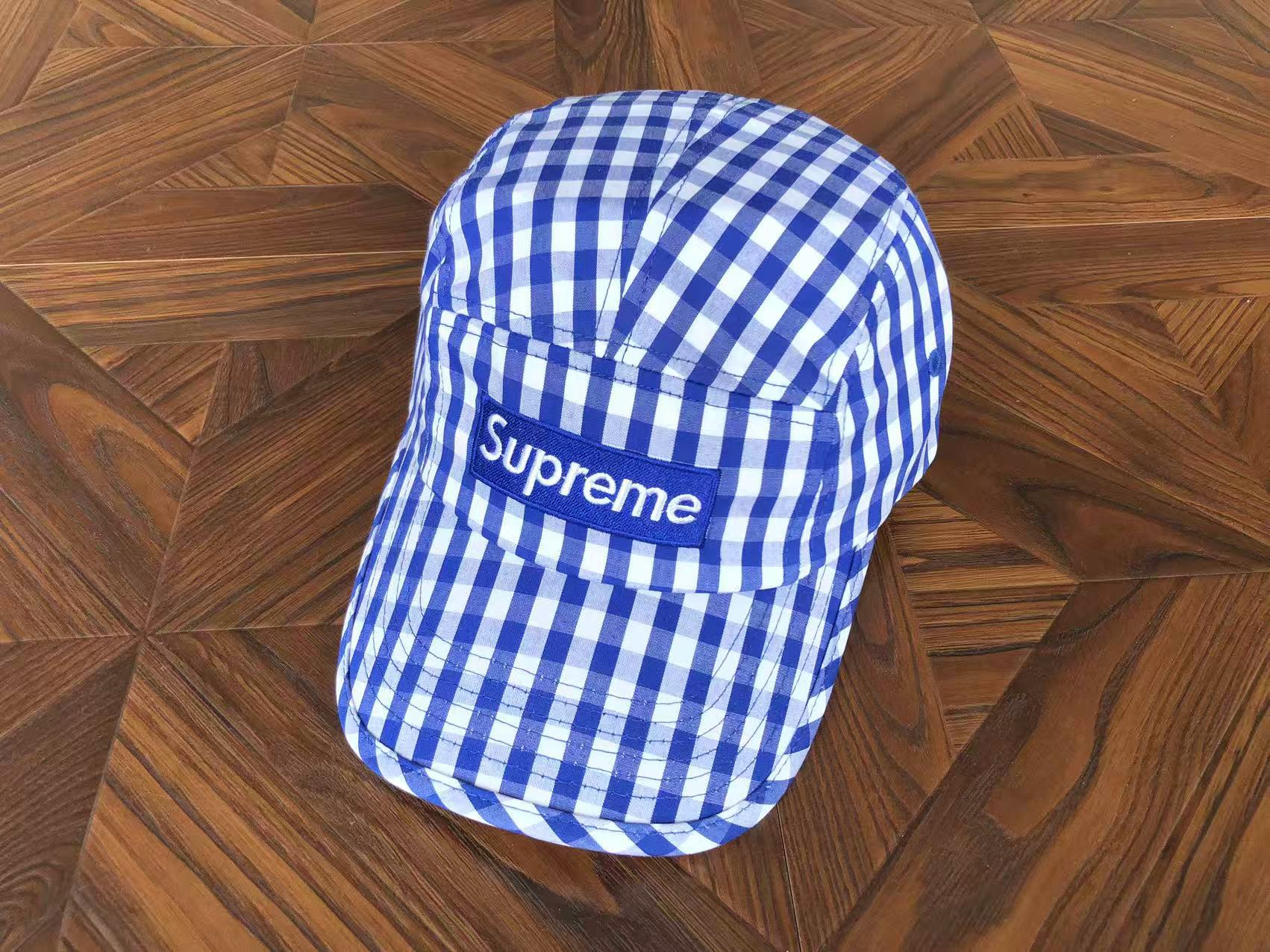 Supreme Blue and White Gingham 5-Panel Box Logo Camp Cap