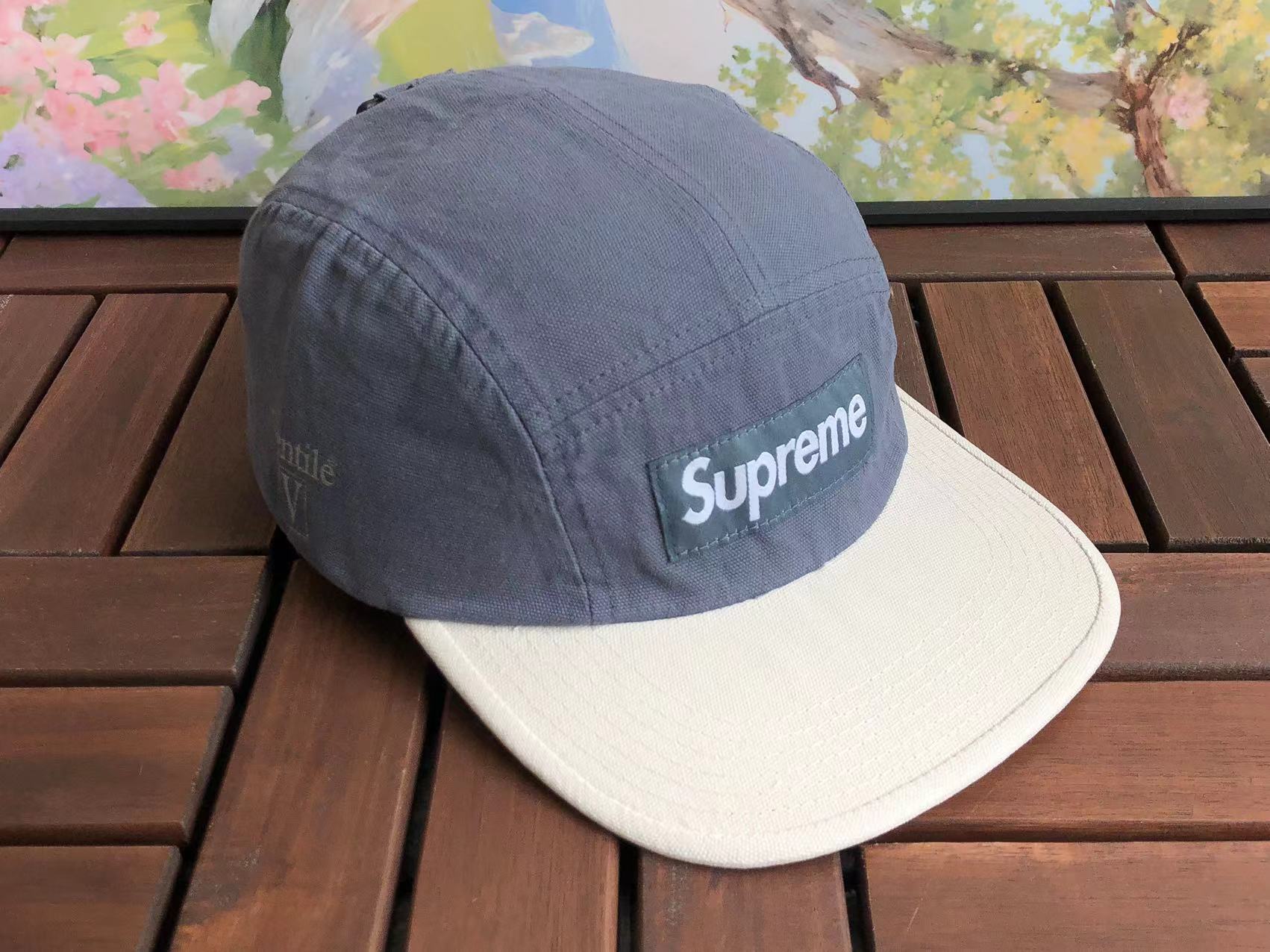 Supreme Dark Grey and Off-White Two-Tone Canvas Box Logo 5-Panel Camp Cap