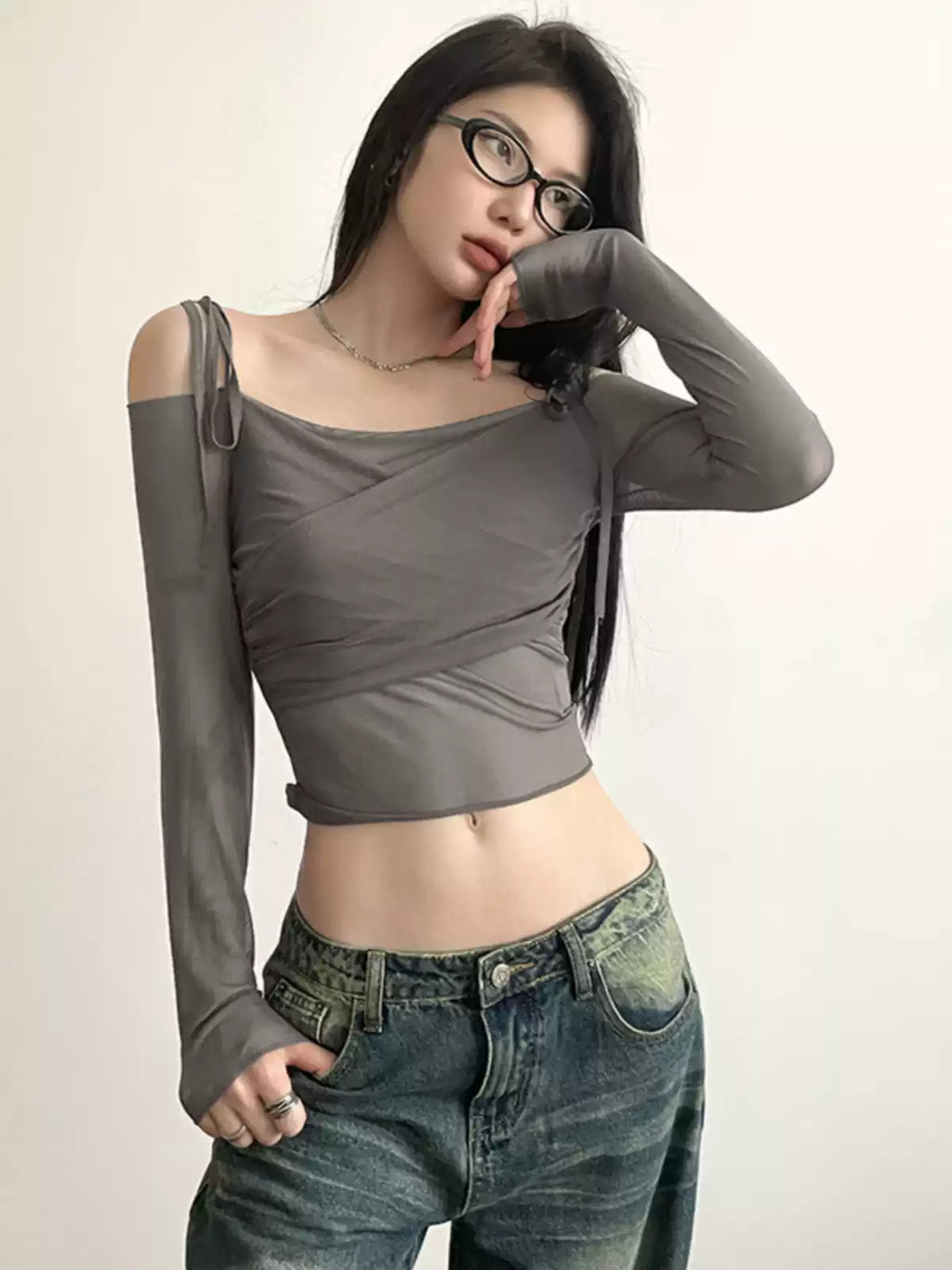 Grunge Off-Shoulder Tied Strap Cropped Long Sleeve Tee